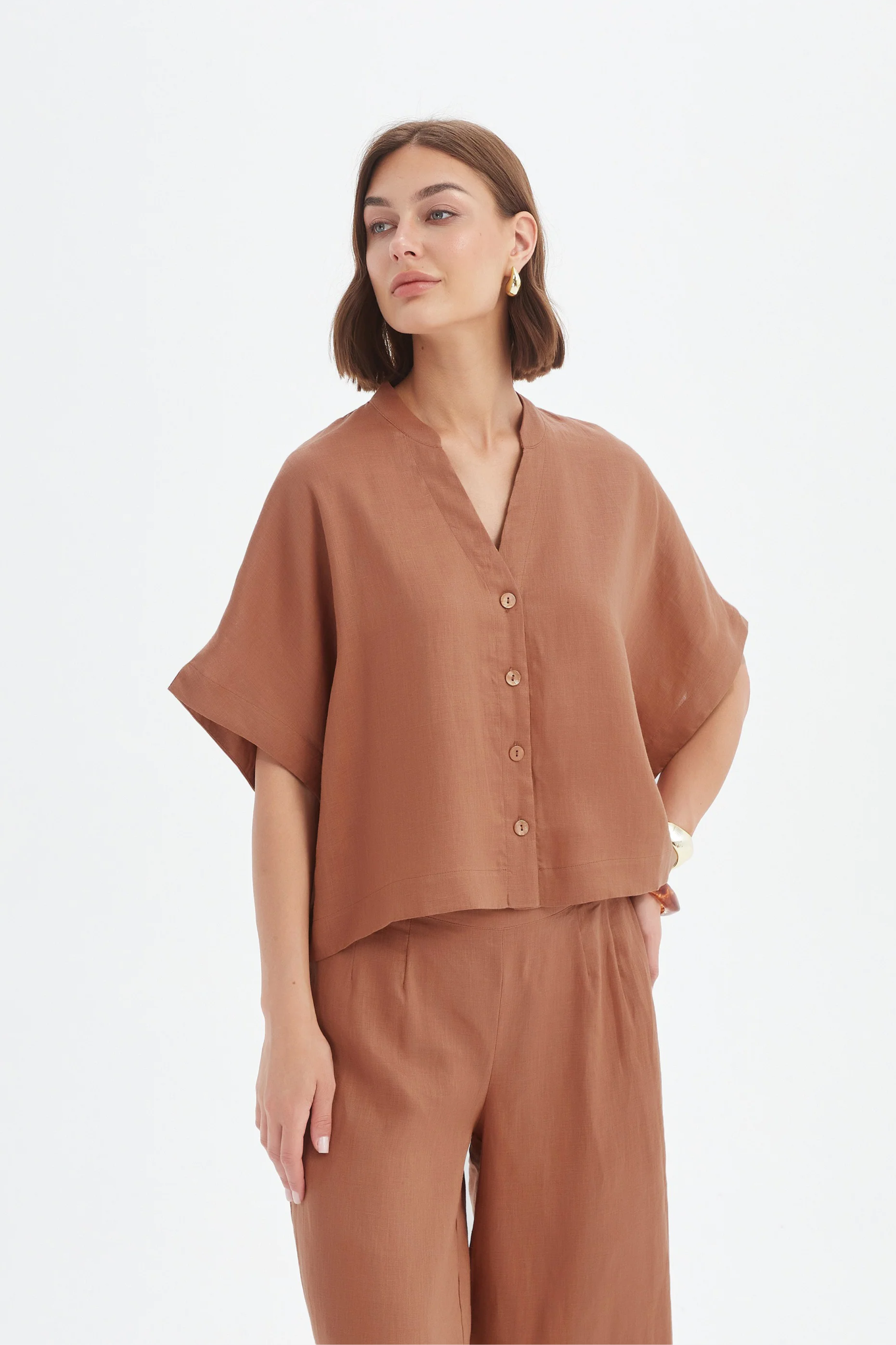 Boxy Button Linen Shirt - Cedar
