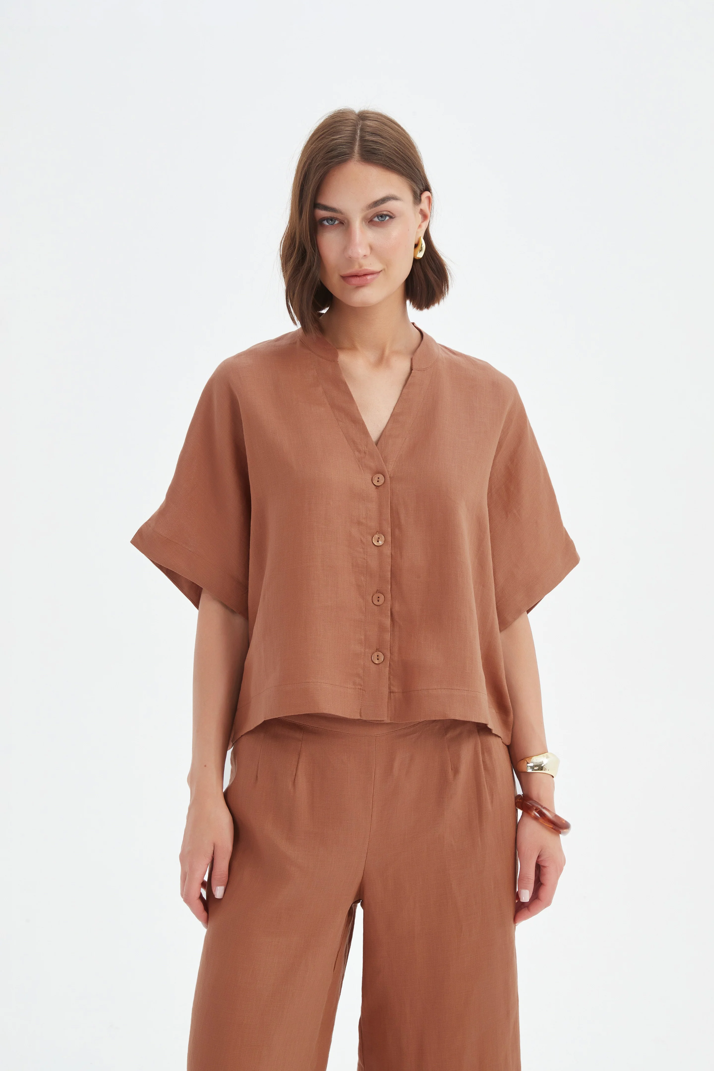 Boxy Button Linen Shirt - Cedar