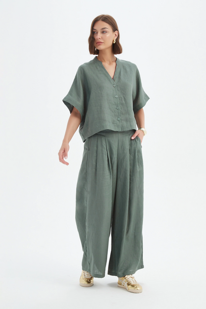 Boxy Button Linen Shirt - Petrol