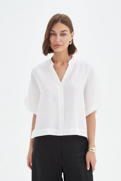 Boxy Button Linen Shirt - White