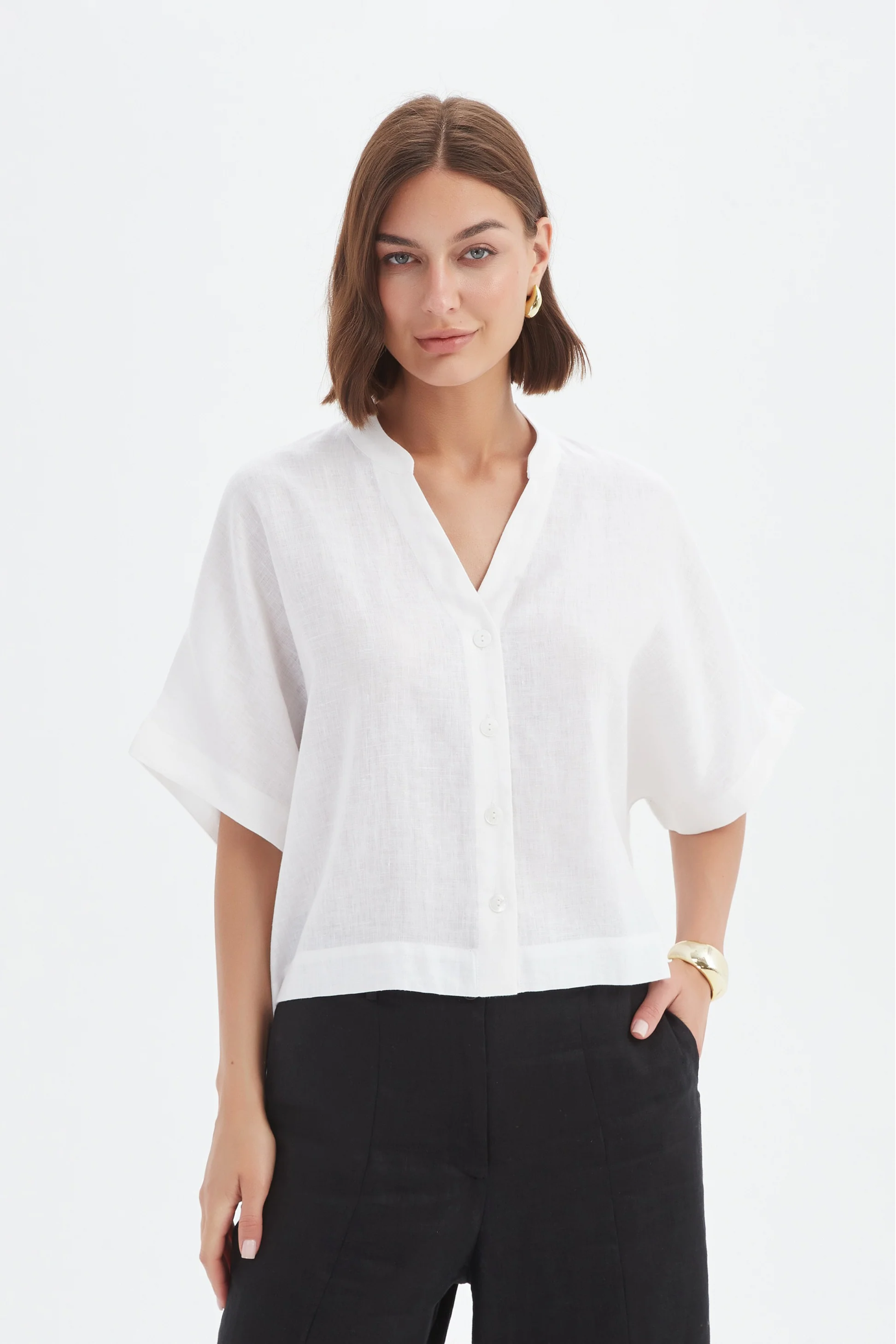 Boxy Button Linen Shirt - White