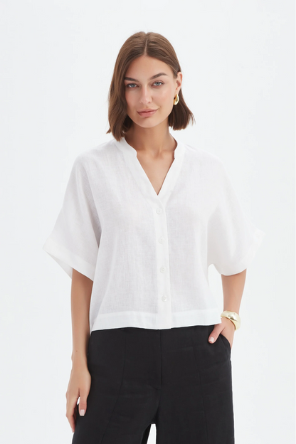 Boxy Button Linen Shirt - White