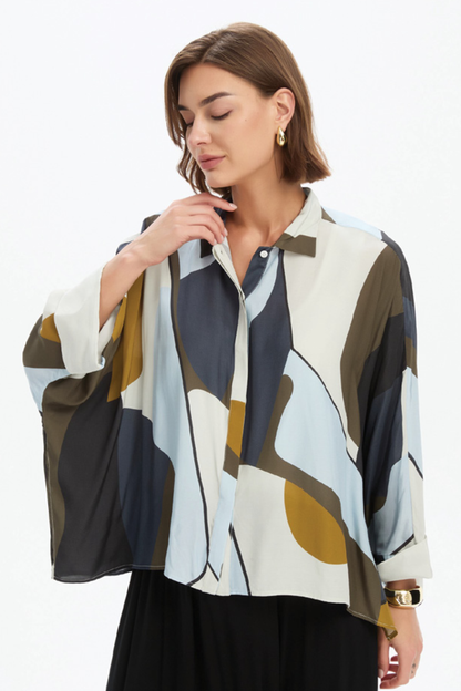 Boxy Concealed Placket Shirt - Abstract