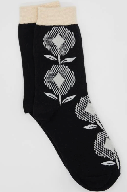 Check Black Flower Socks