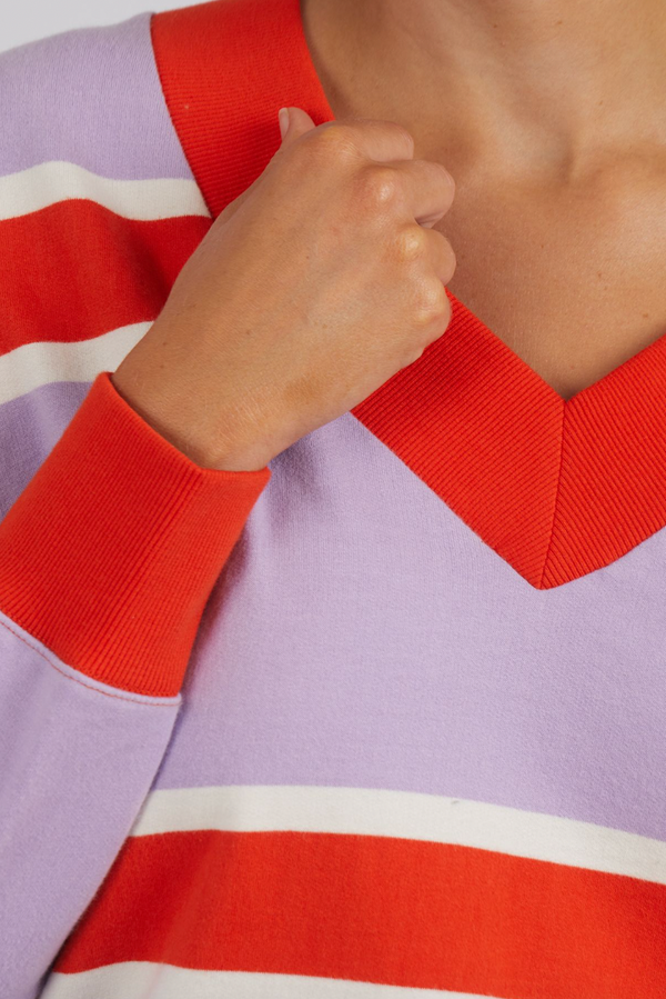 College Vee Fleece - Tang/Purp Stripe