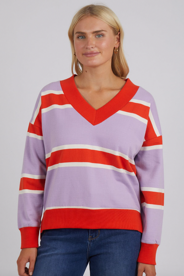 College Vee Fleece - Tang/Purp Stripe