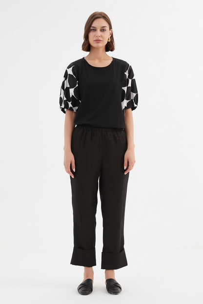 Deep Cuff Linen Pant - Black