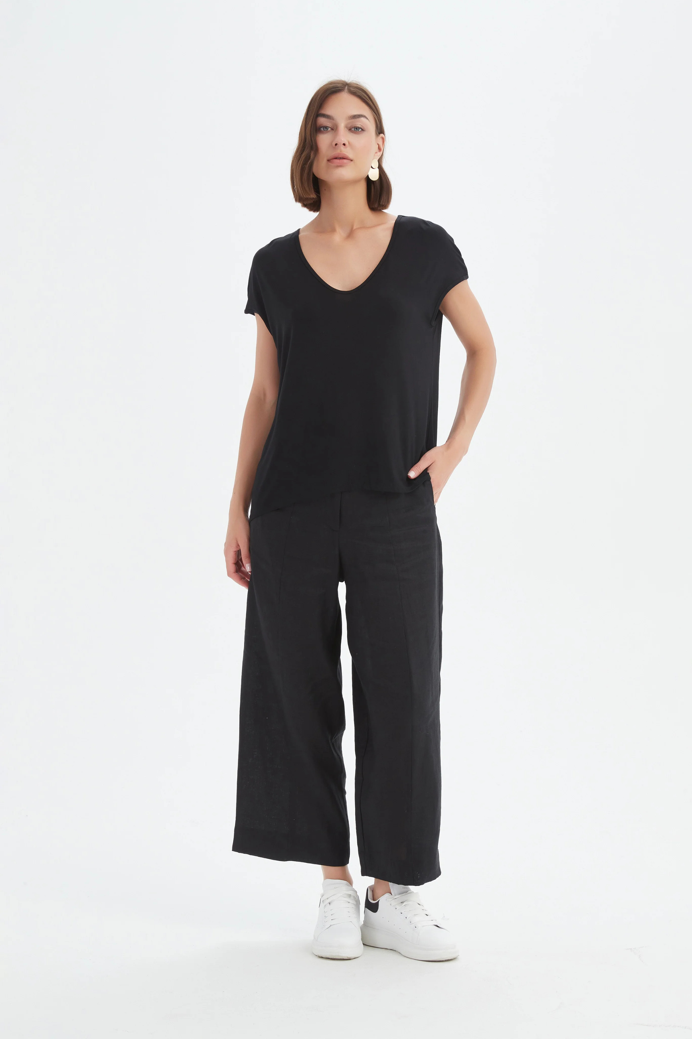 Deep V Cap Sleeve Tee - Black