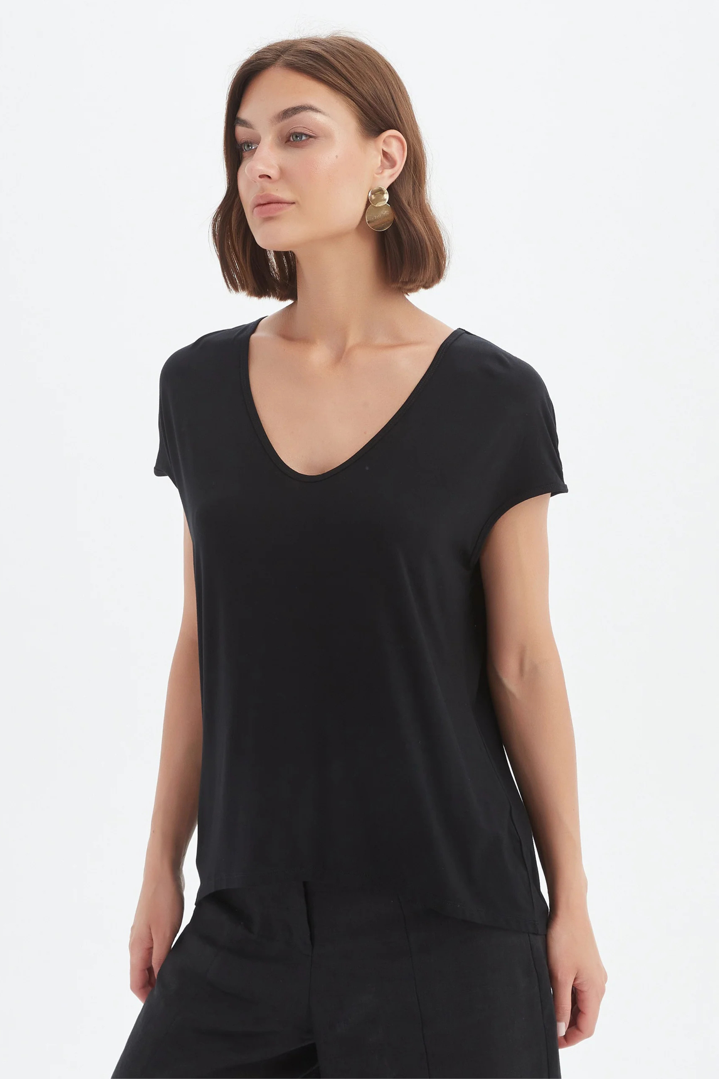 Deep V Cap Sleeve Tee - Black