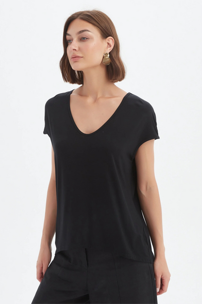 Deep V Cap Sleeve Tee - Black