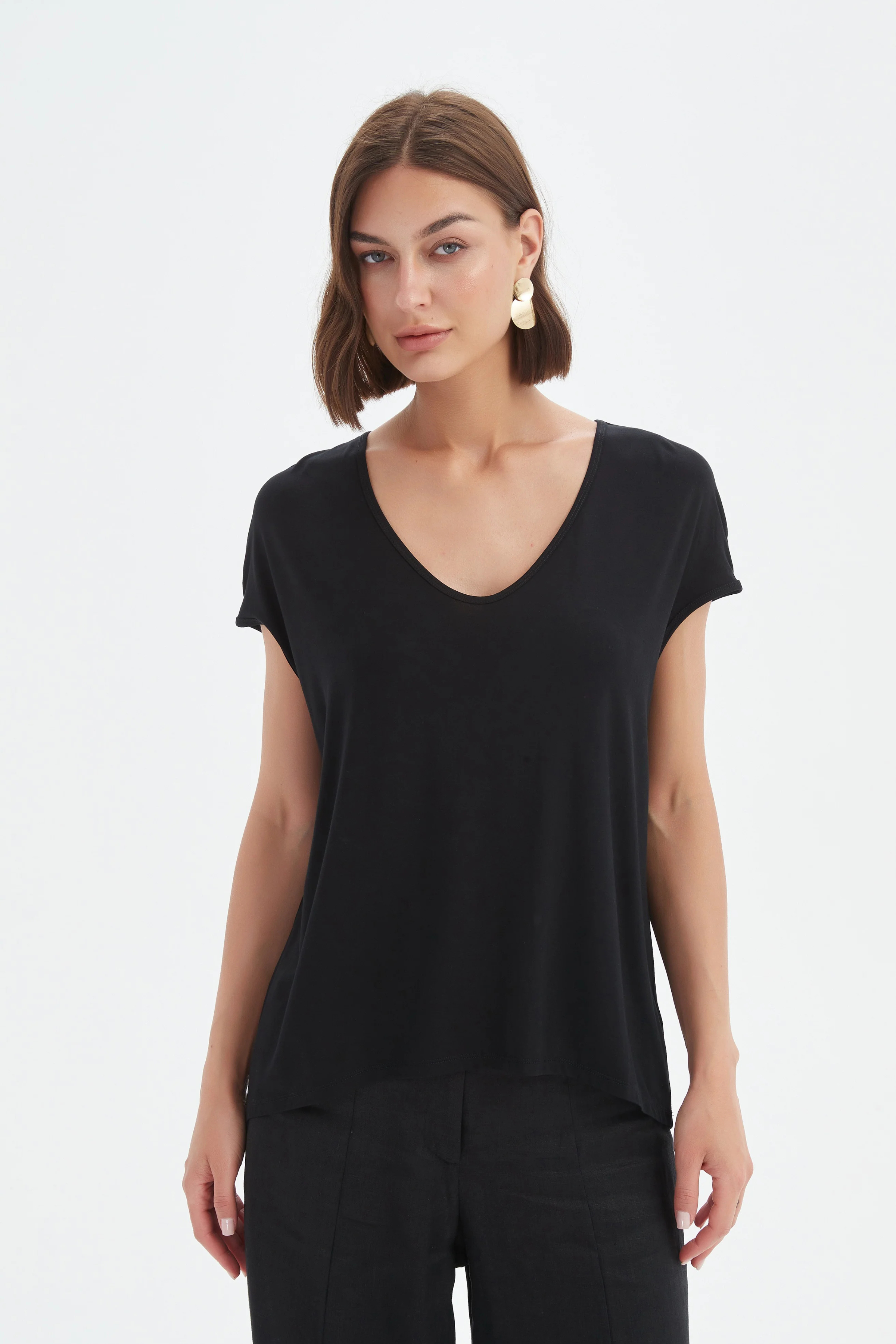 Deep V Cap Sleeve Tee - Black