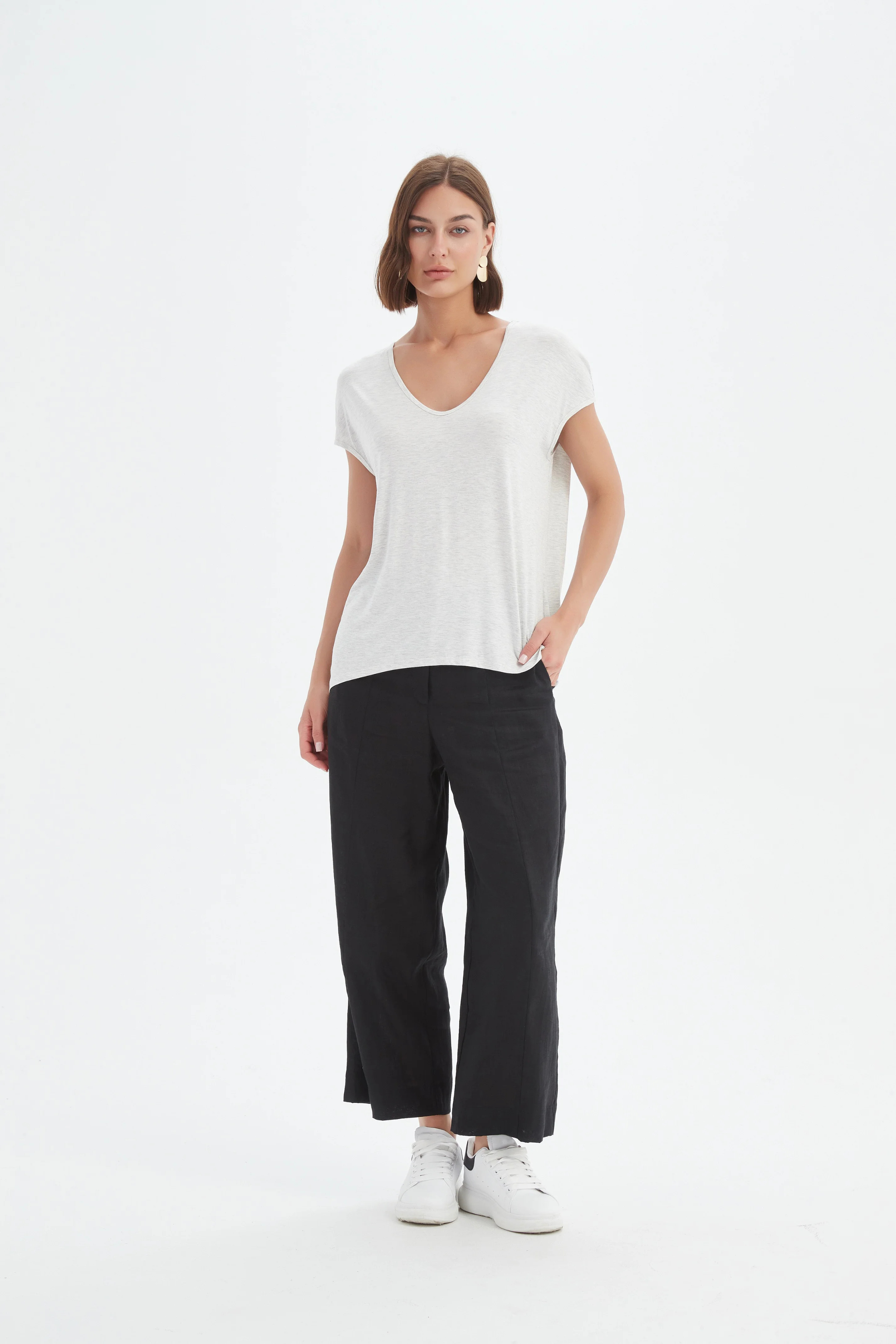 Deep V Cap Sleeve Tee - Grey Marle