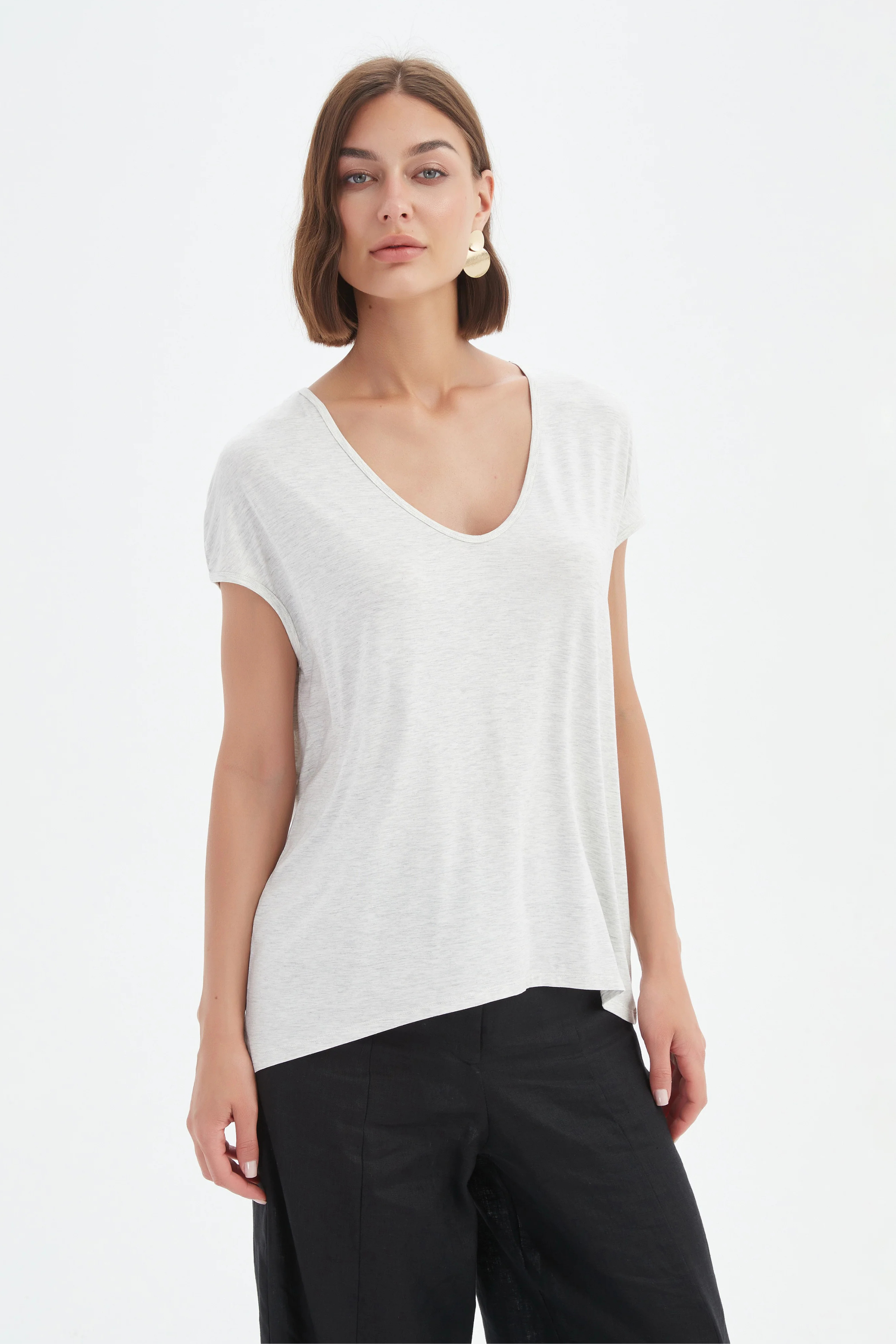 Deep V Cap Sleeve Tee - Grey Marle