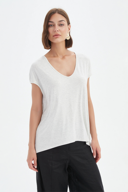 Deep V Cap Sleeve Tee - Grey Marle