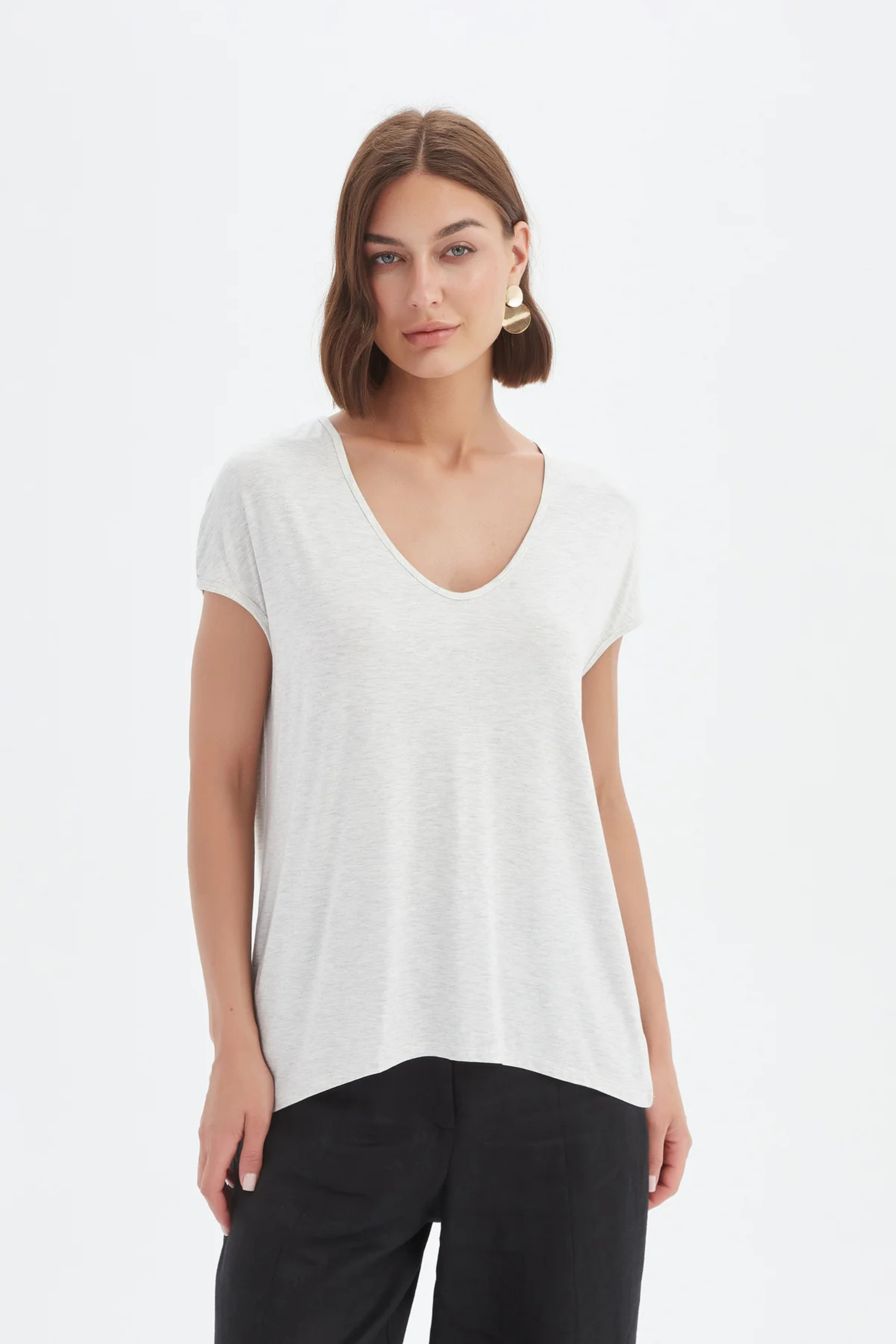 Deep V Cap Sleeve Tee - Grey Marle
