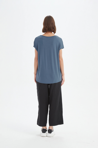 Deep V Cap Sleeve Tee - Gunmetal Blue