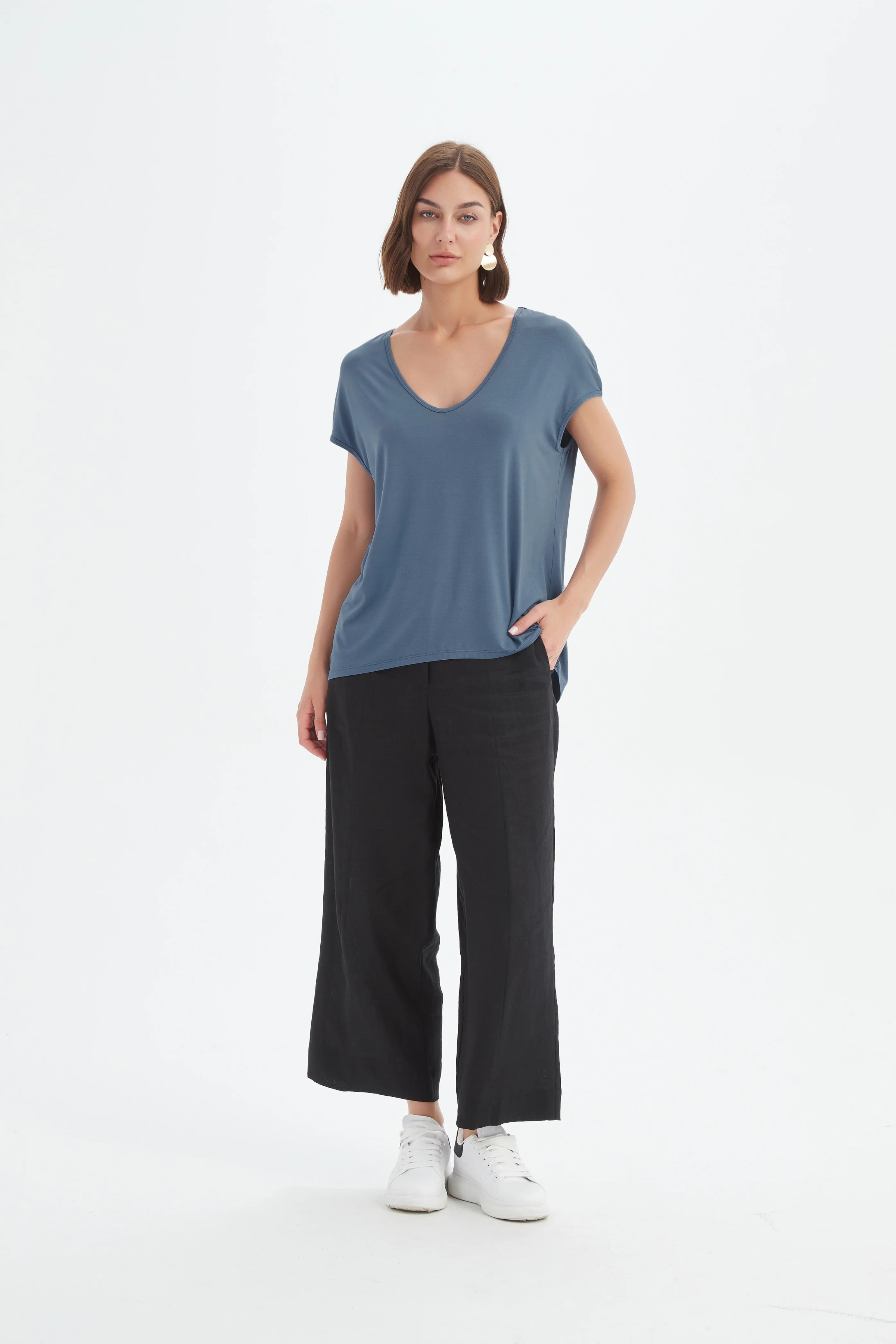 Deep V Cap Sleeve Tee - Gunmetal Blue
