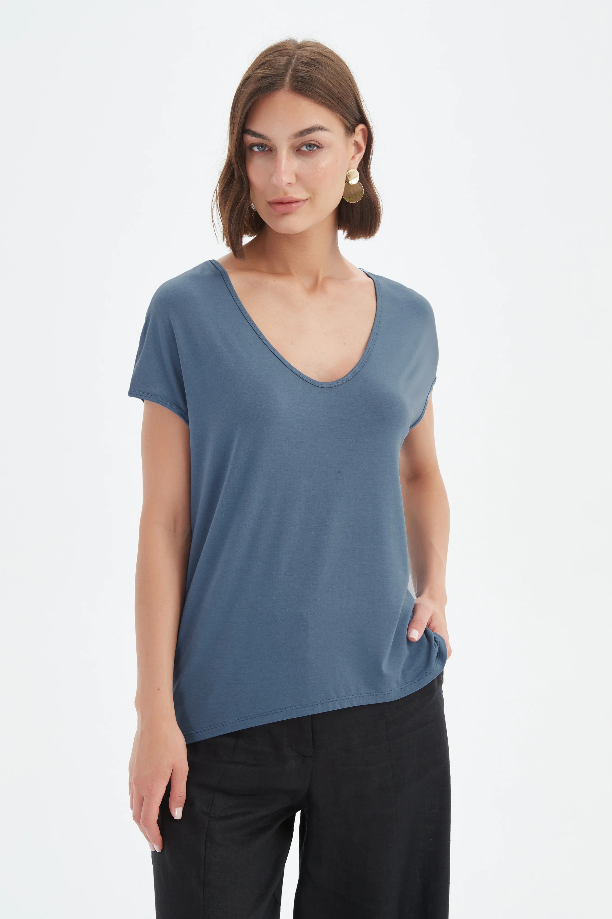 Deep V Cap Sleeve Tee - Gunmetal Blue