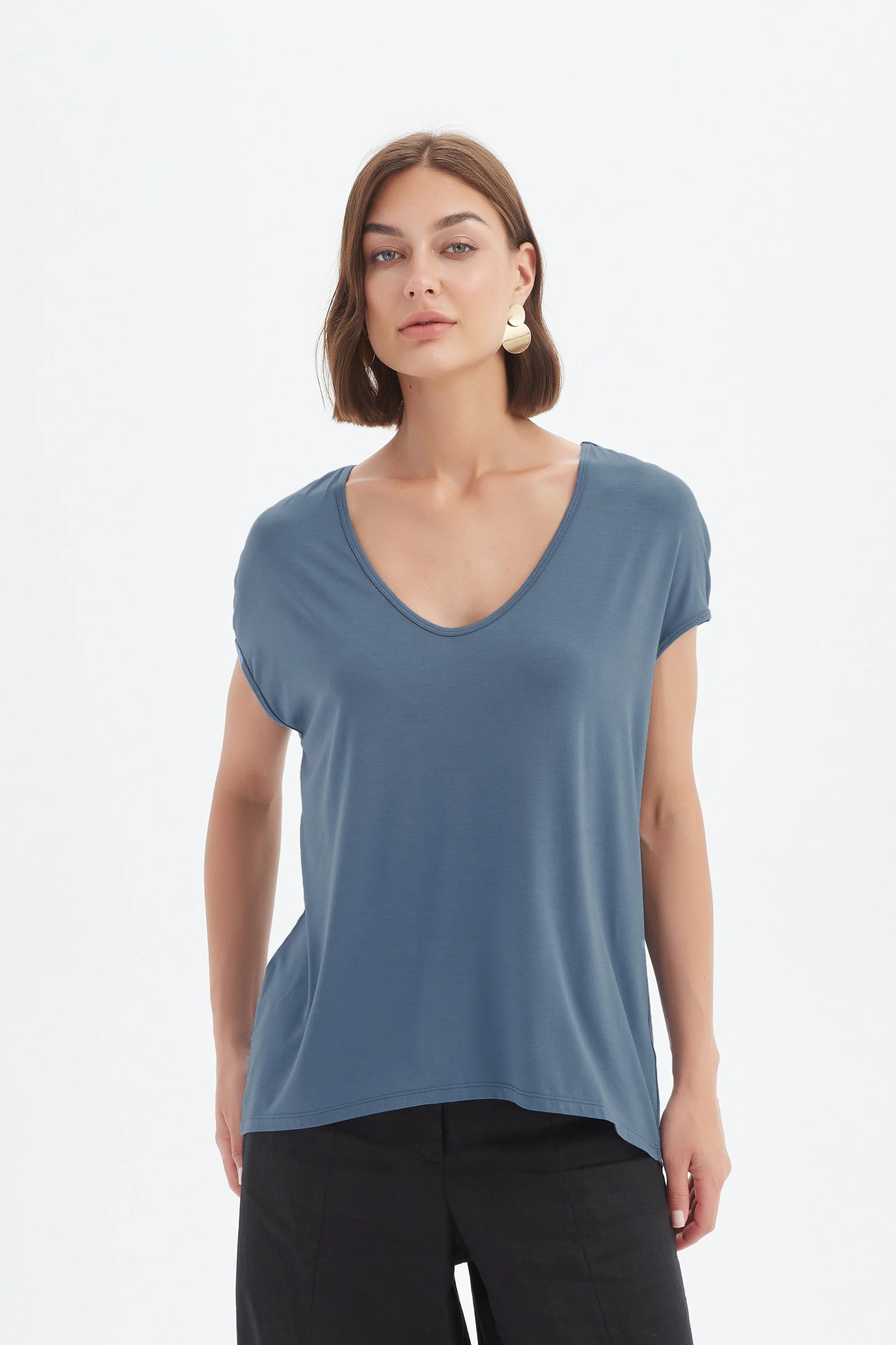 Deep V Cap Sleeve Tee - Gunmetal Blue