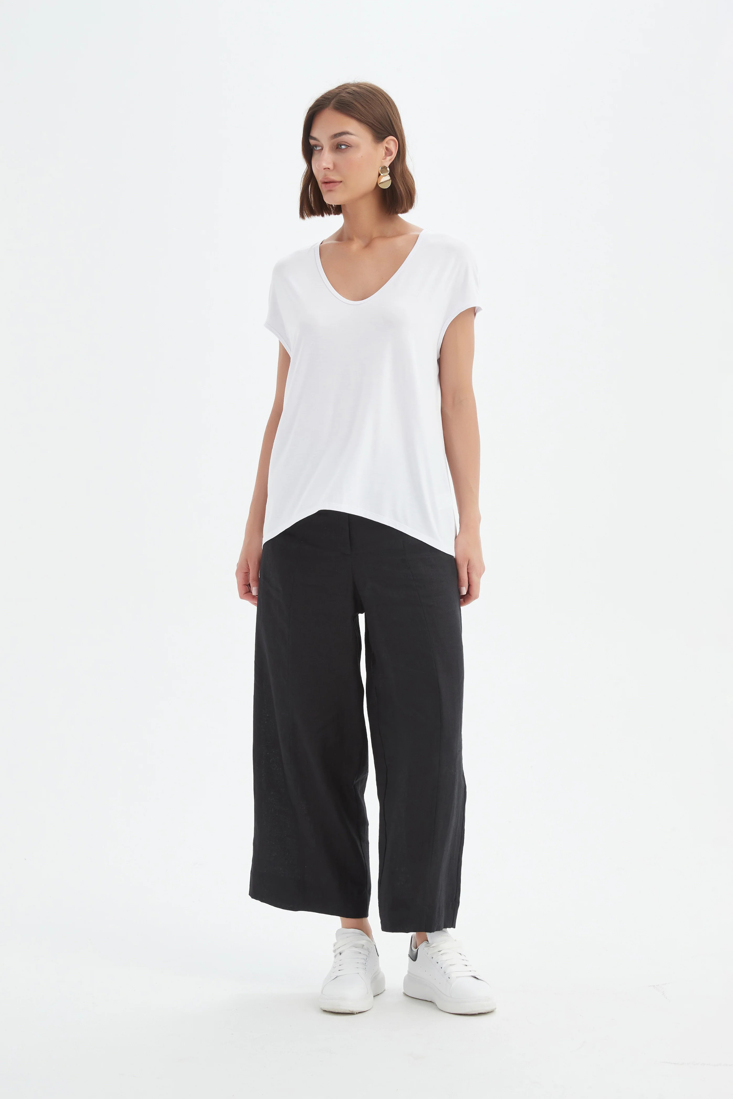 Deep V Cap Sleeve Tee - White