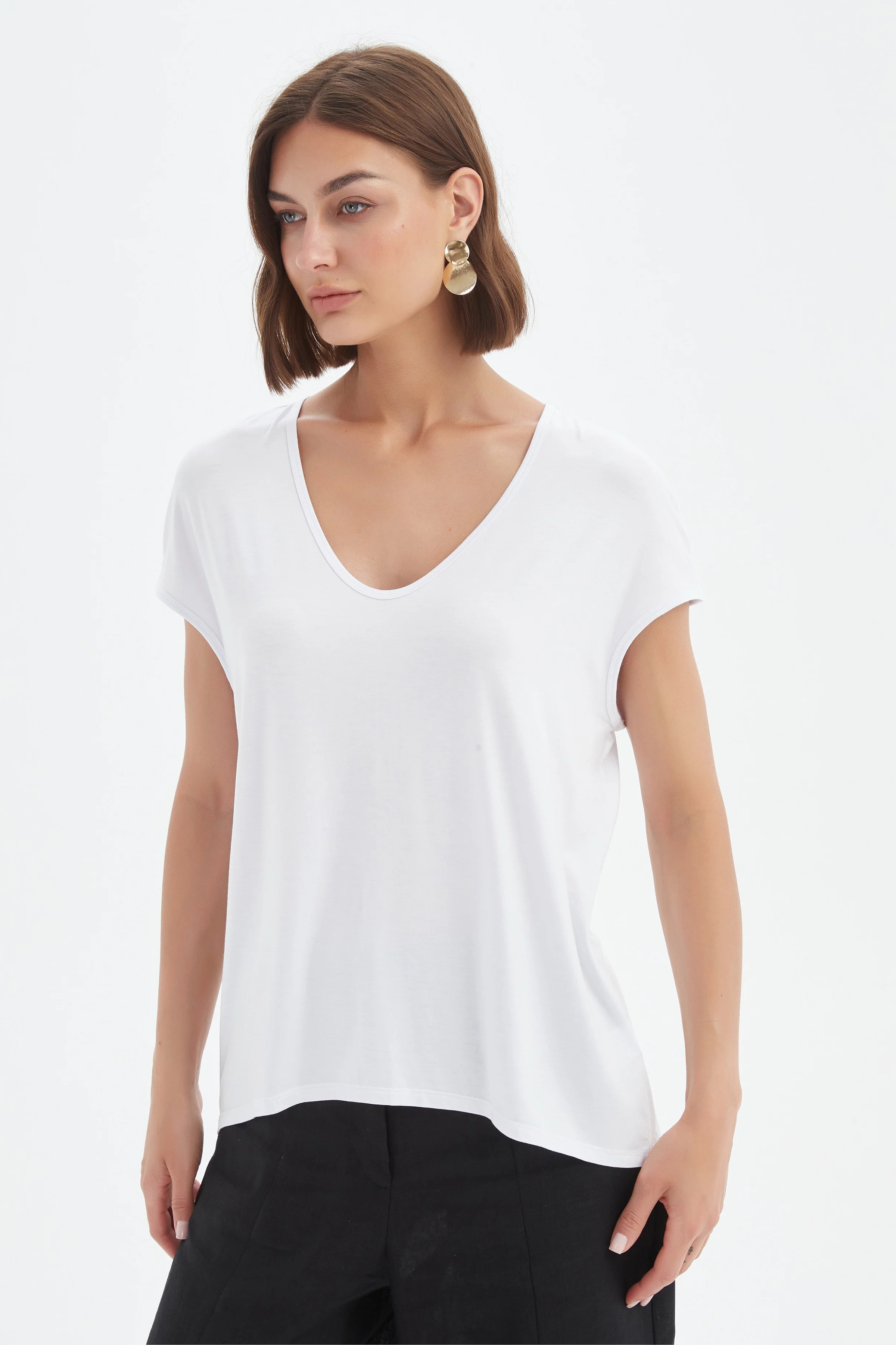 Deep V Cap Sleeve Tee - White