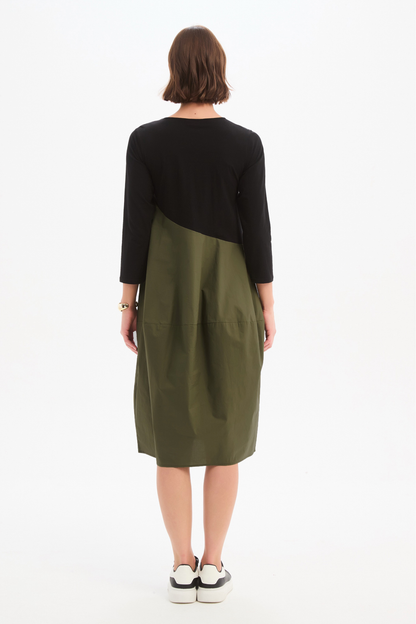 Diagonal Seam Combi Dress - Black/Khaki