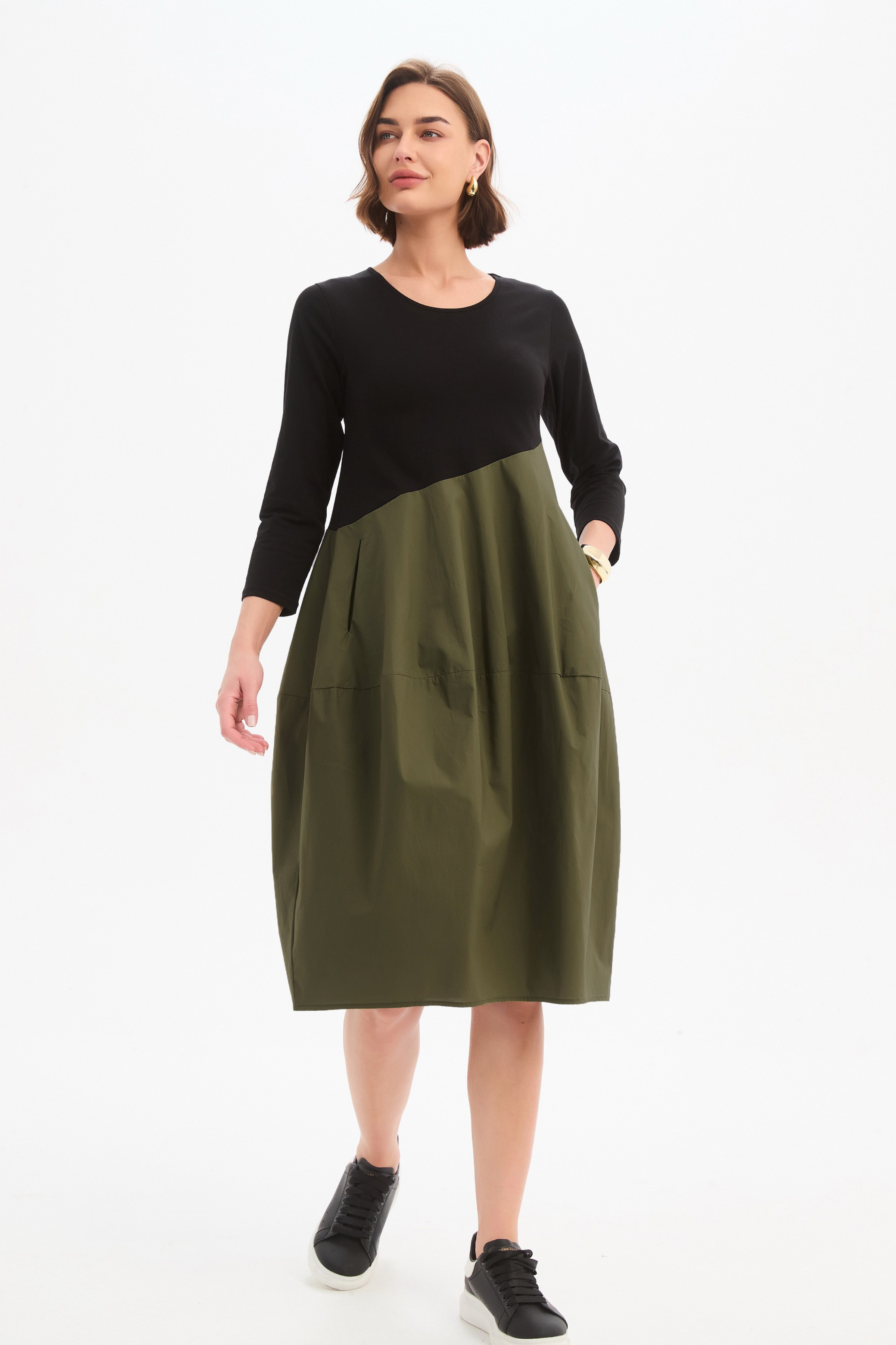 Diagonal Seam Combi Dress - Black/Khaki