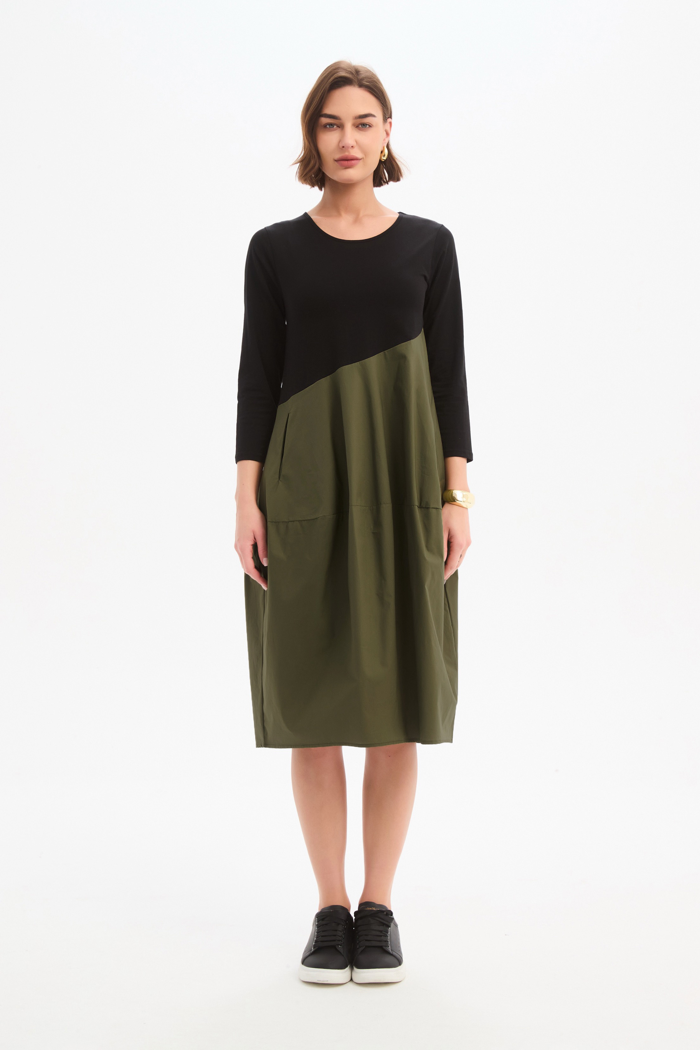 Diagonal Seam Combi Dress - Black/Khaki
