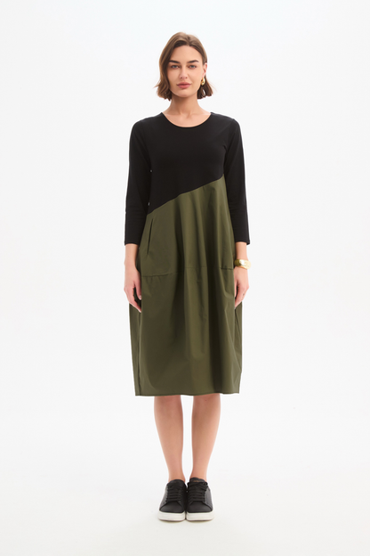 Diagonal Seam Combi Dress - Black/Khaki