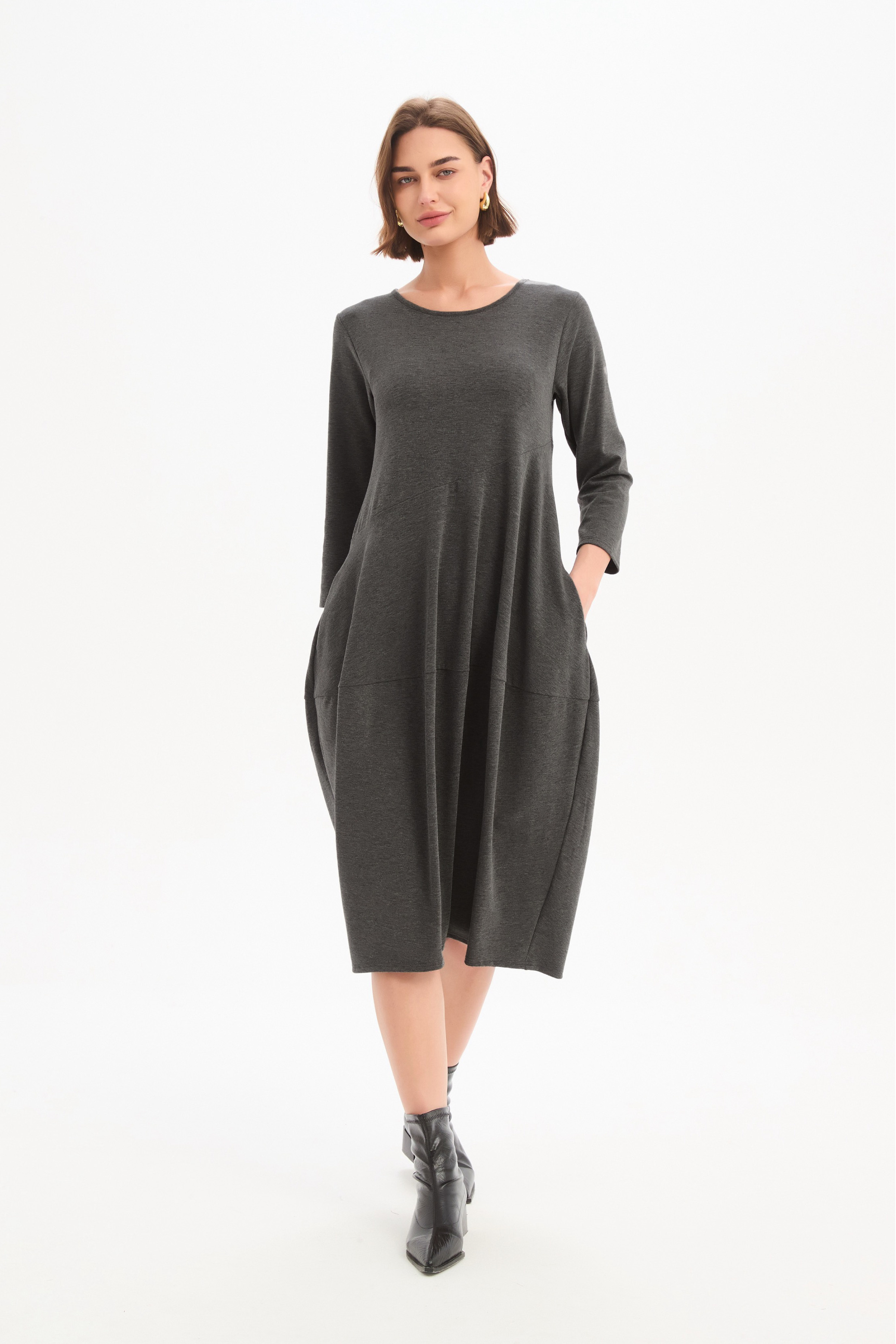 Diagonal Seam Knit Dress - Charcoal
