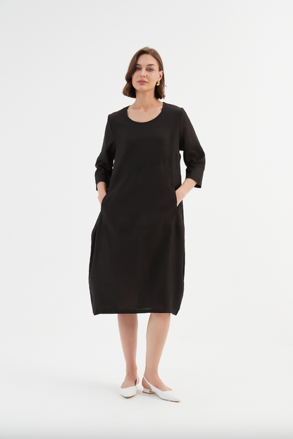 Diagonal Seam Linen Dress - Black