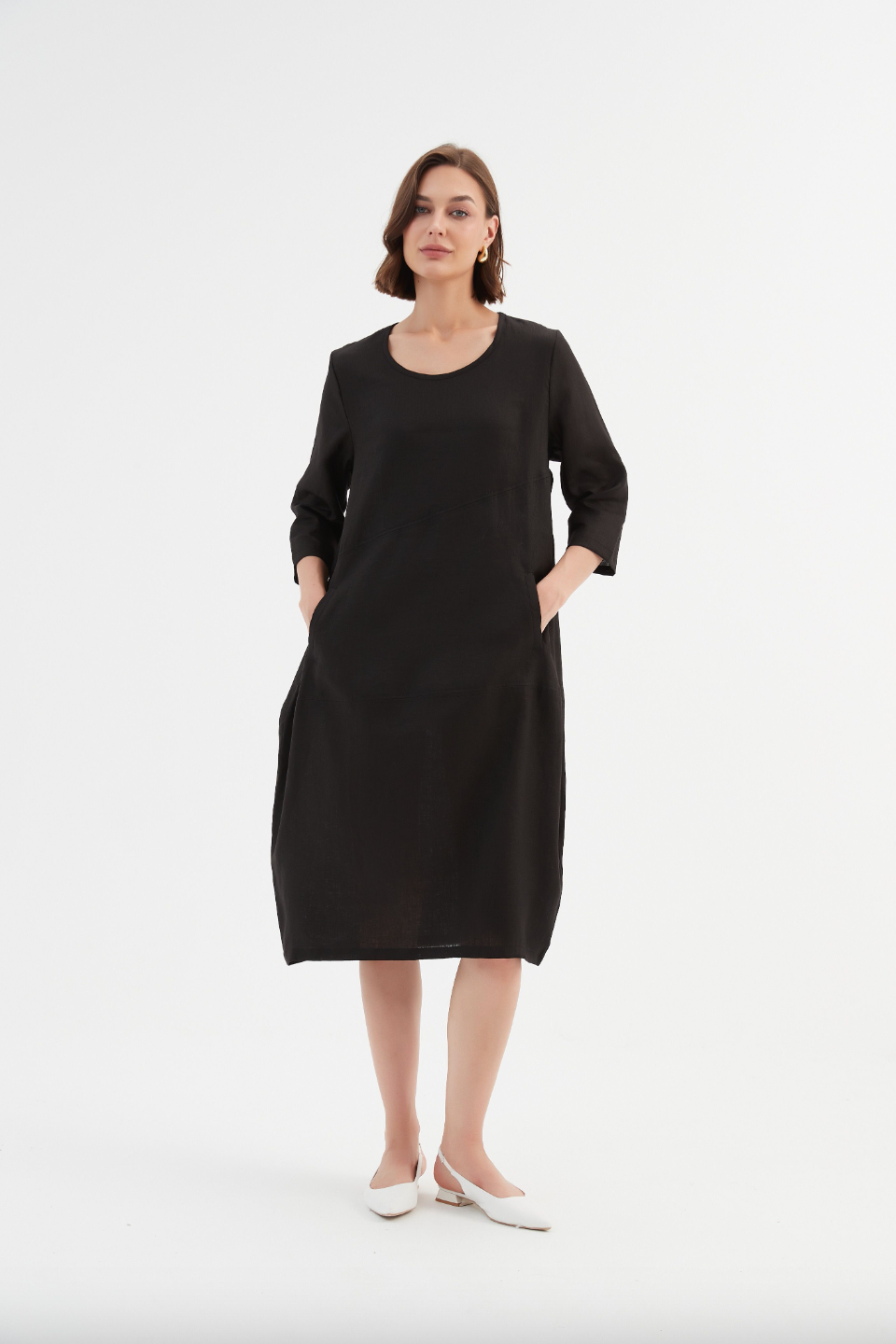 Diagonal Seam Linen Dress - Black