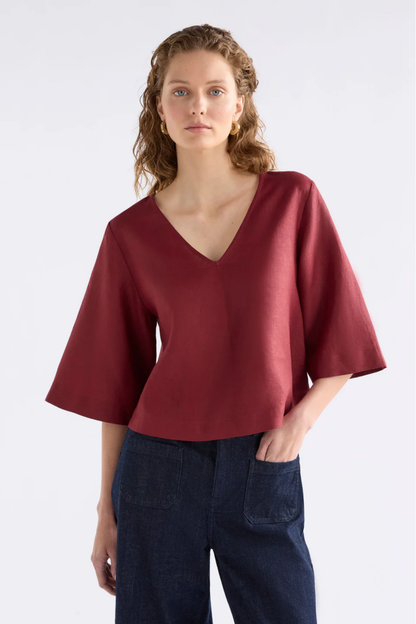 Elk Llinen Light V Neck Top - Bordeaux
