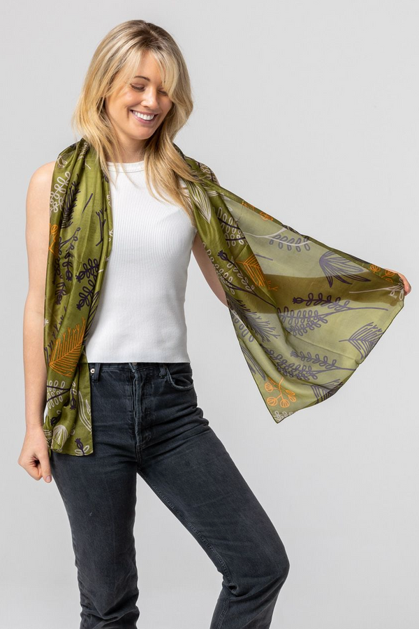 Fern Forest Silk Scarf - Navy/Rust