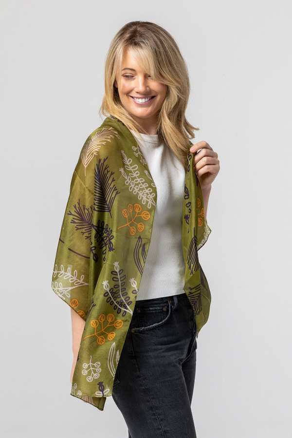 Fern Forest Silk Scarf - Navy/Rust