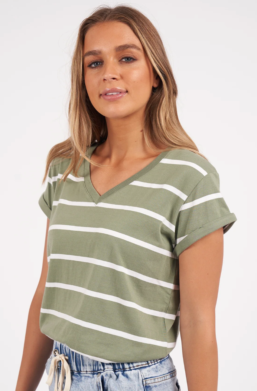 Foxwood Manly Stripe Vee Tee - Sage/White Stripe