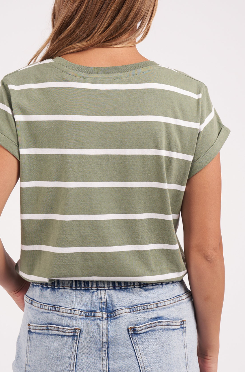 Foxwood Manly Stripe Vee Tee - Sage/White Stripe