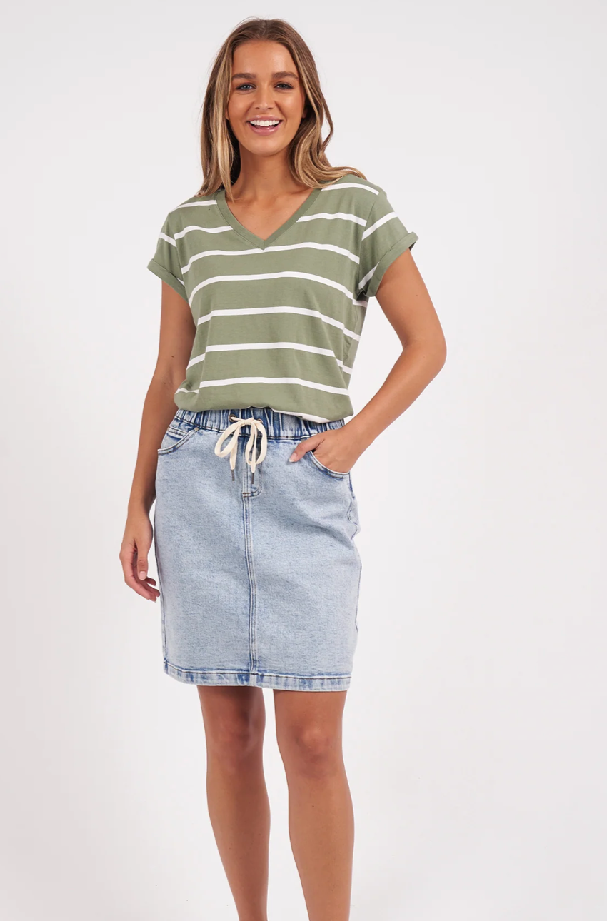 Foxwood Manly Stripe Vee Tee - Sage/White Stripe