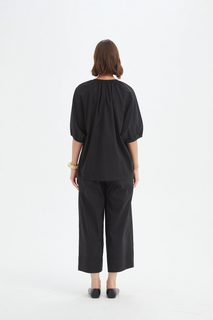 Gathered Notch Neck Top - Black