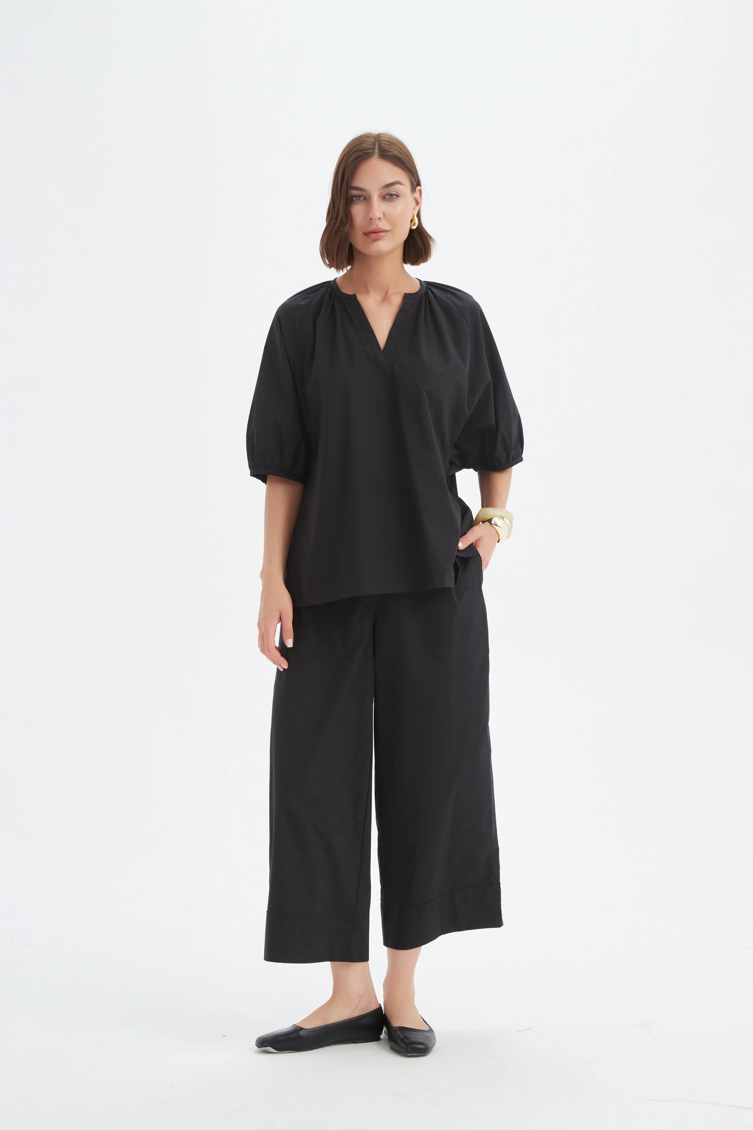 Gathered Notch Neck Top - Black