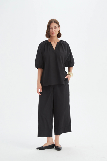 Gathered Notch Neck Top - Black