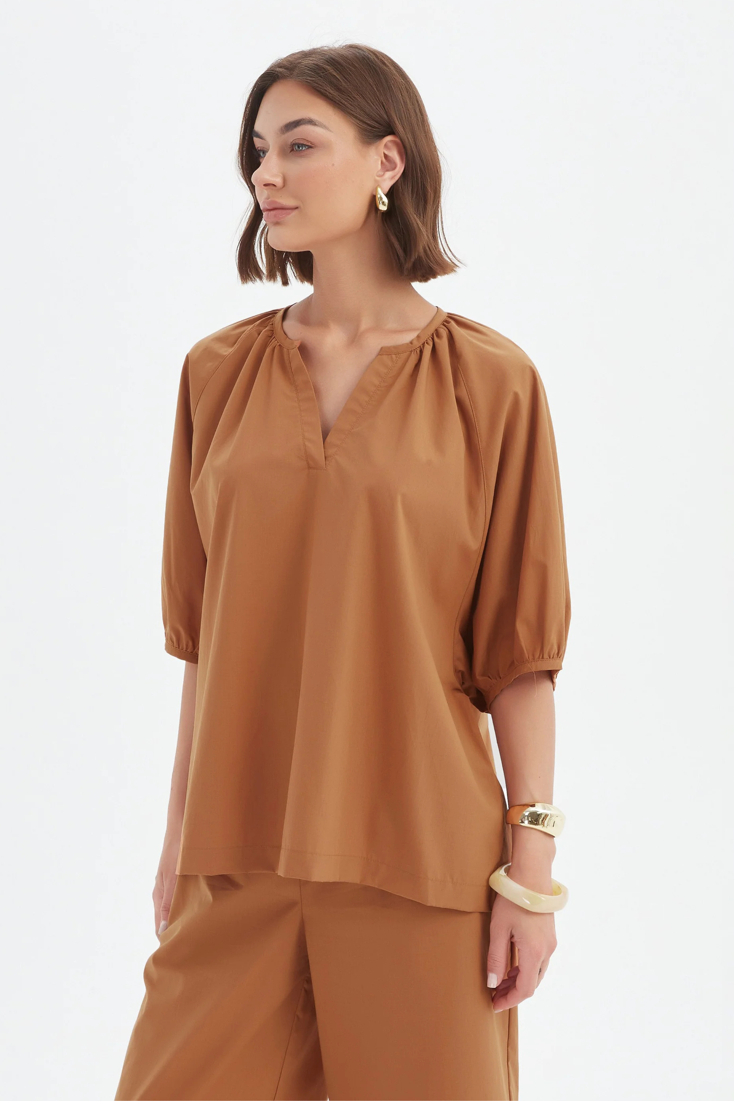 Gathered Notch Neck Top - Russet