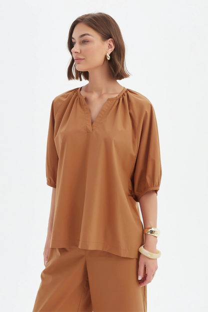 Gathered Notch Neck Top - Russet