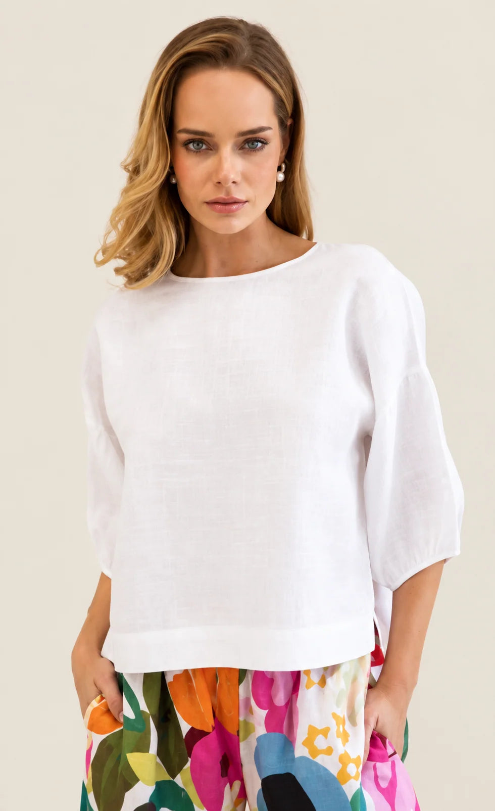Linen Balloon Slv Top - White