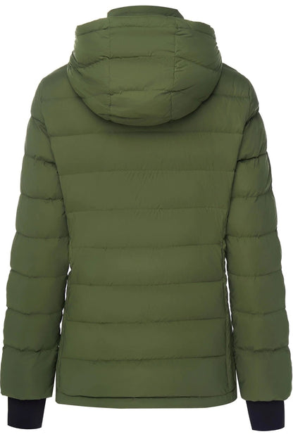 Green puffer jacket with a hood on a white background