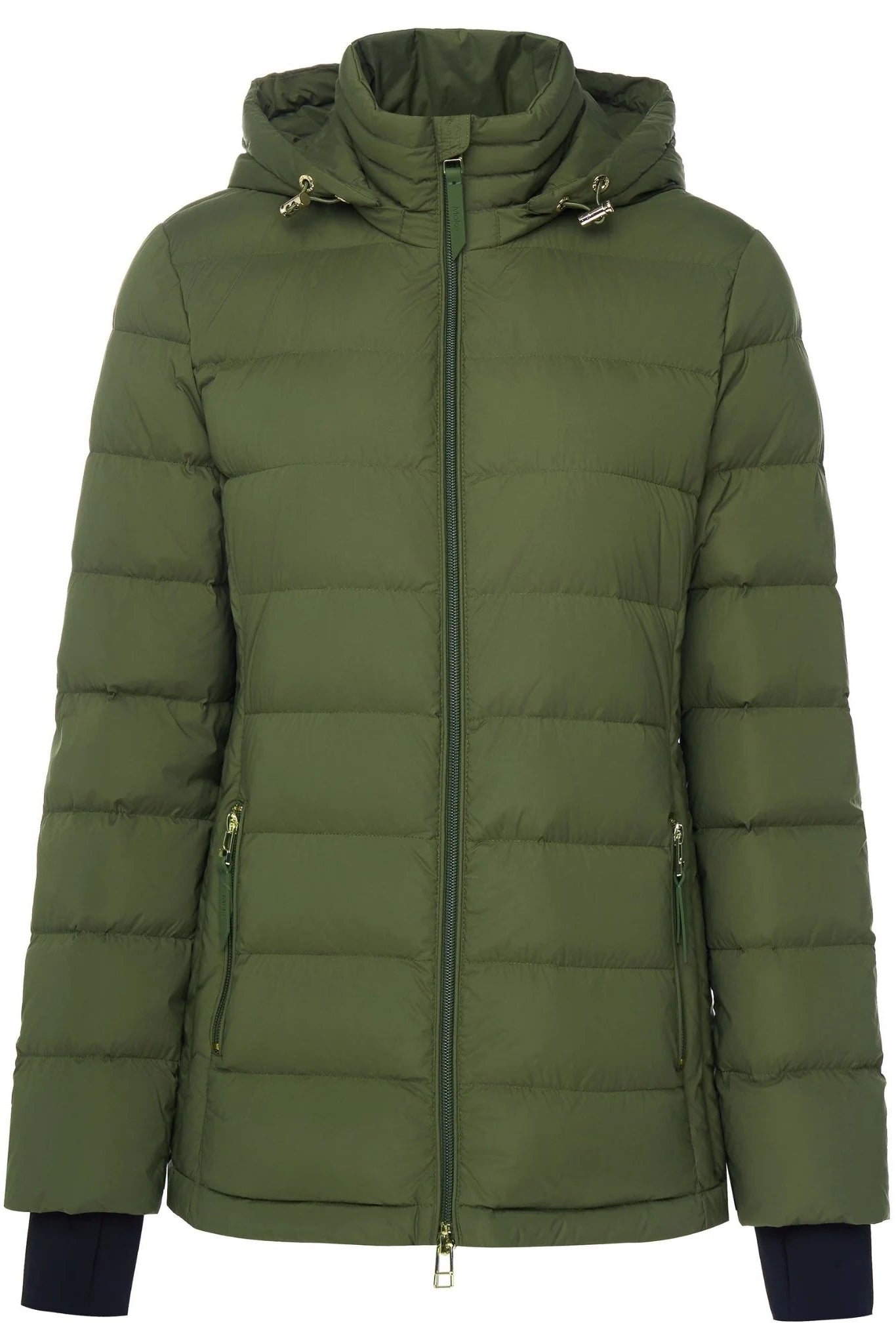 Green puffer jacket on a white background