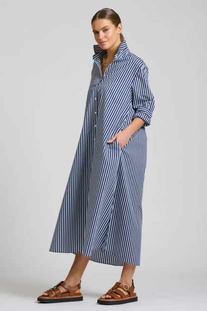 Luna Oversized Long Line Shirt Dress - Navy Stripe