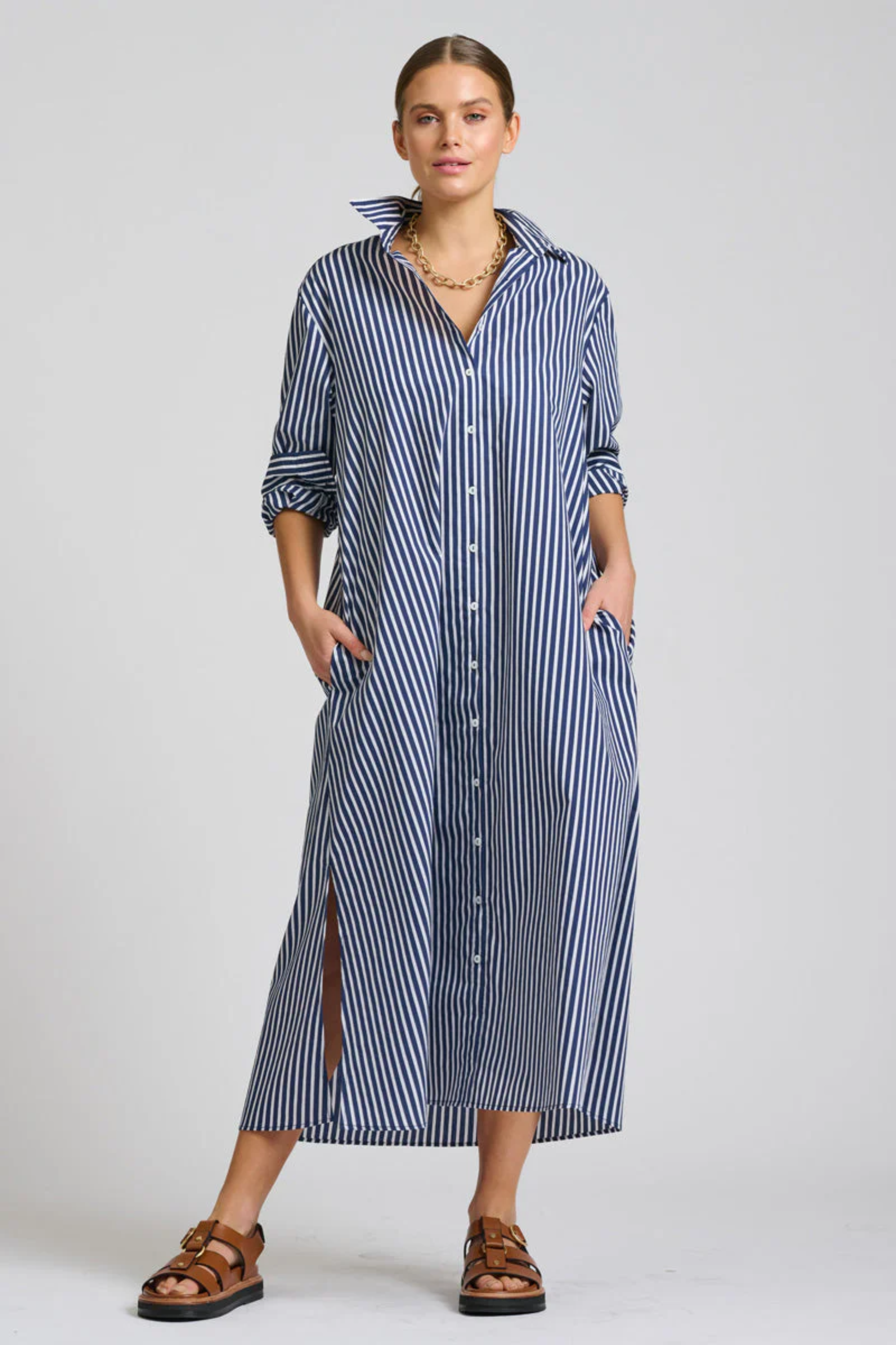Luna Oversized Long Line Shirt Dress - Navy Stripe
