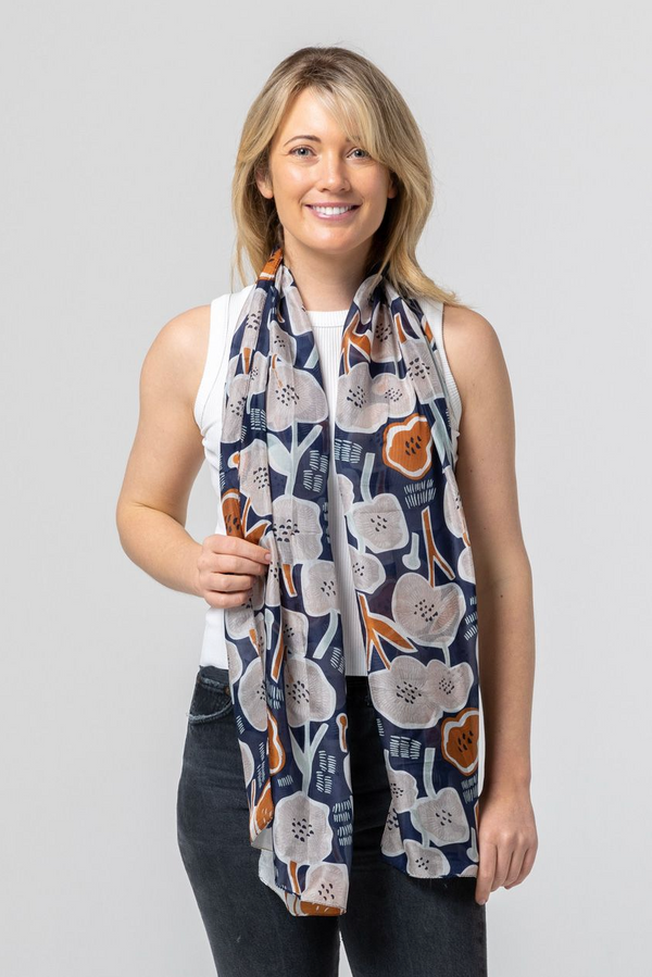 Native Hibiscus Silk Scarf - Navy/Pink