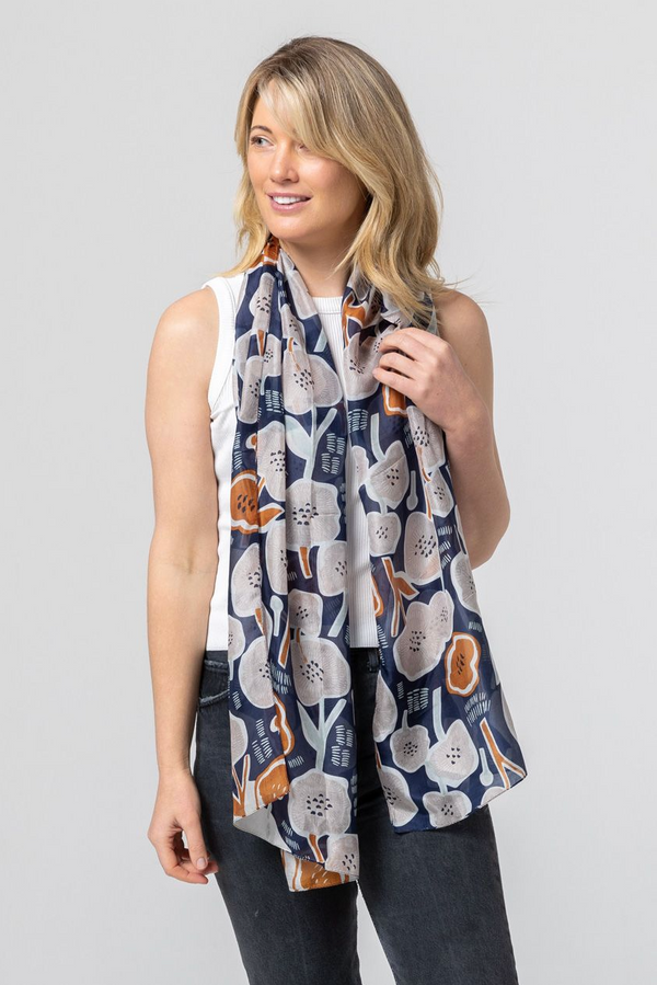 Native Hibiscus Silk Scarf - Navy/Pink